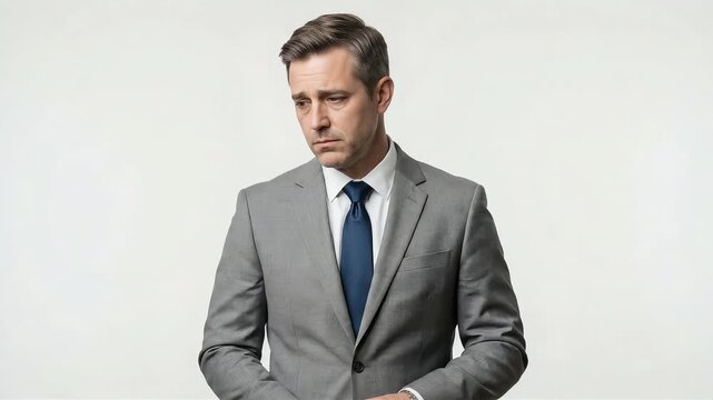A bewildered businessman with his arms outstretched against a white background.
