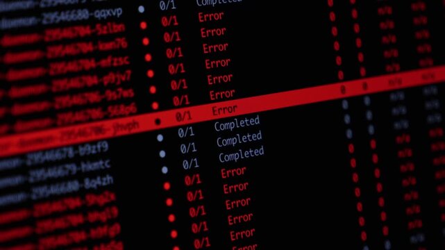 A digital software interface displaying a list of failed tasks and errors, symbolizing technical glitches, server downtime, or cybersecurity threats in a complex computing system