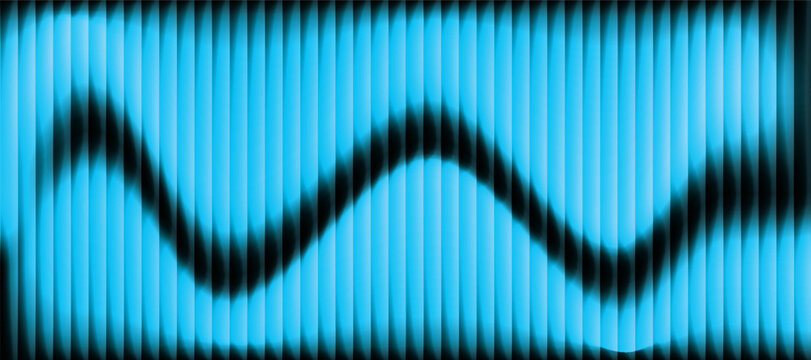 Futuristic abstract background featuring a glowing blue sinusoidal wave flowing across a dark black background with vertical illuminated lines.