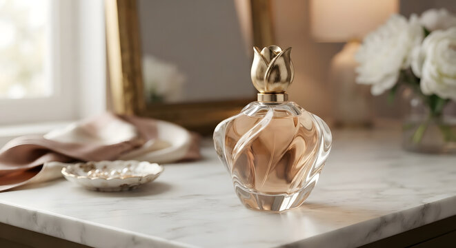 Designer perfume bottle resting on polished marble surface