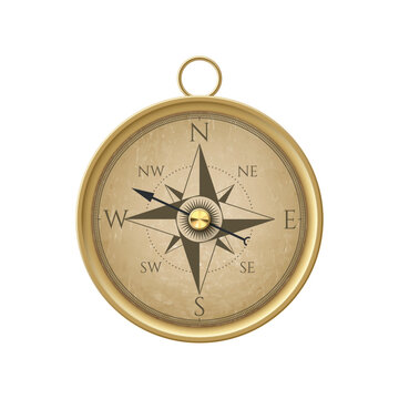 A classic gold compass with a detailed face and clear directional markers. It represents navigation and exploration.