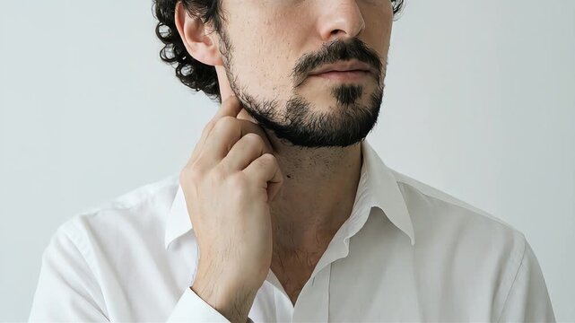 A man is deep in thought, stroking his beard.