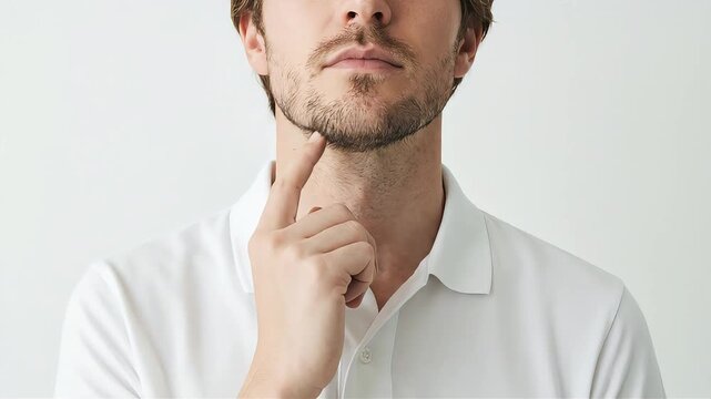 A young man with his finger on his chin, deep in thought.