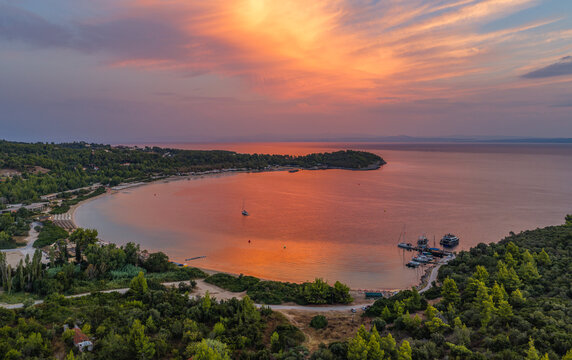 Aerial Sunrise over Paliouri Xenia Beach, Kassandra, Halkidiki, Greece