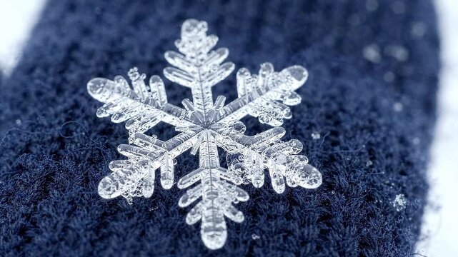 Macro view of real snowflake resting on dark blue knitted fabric. Detailed ice crystal structure close up.