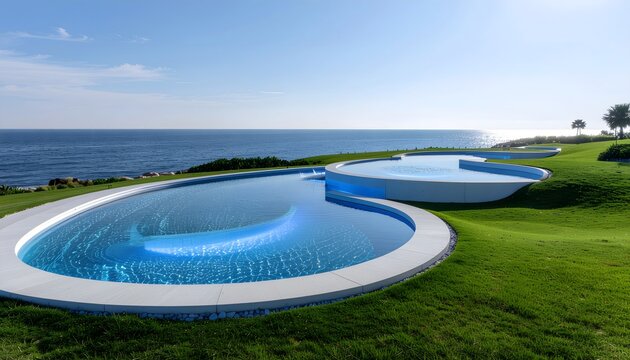 Futuristic corporate plaza doubling as a smart city desalination plant with terraced clear water pools