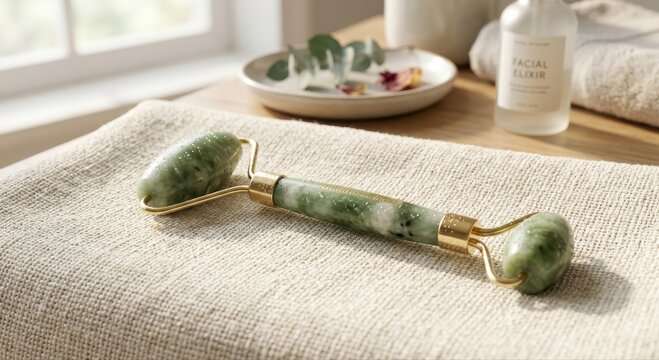 Green Jade Facial Roller With Gold Accents Resting on Textured Fabric