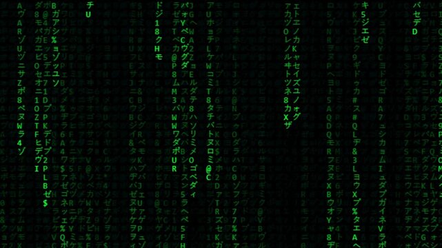 Green digital code rain falling with glitch effects on black background