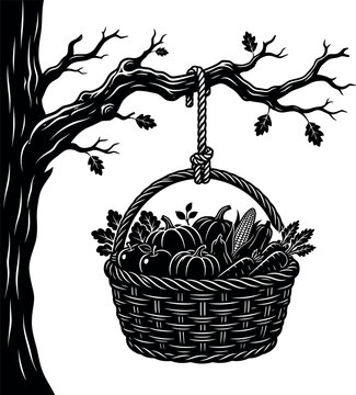 Autumn Harvest Basket Hanging Tree Silhouette Design