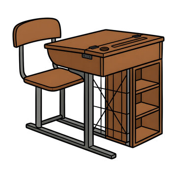 School desk with attached wooden chair and storage compartments features a classic classroom design.