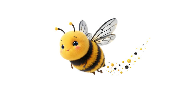 Cute fuzzy 3D bumblebee character flying happily with a sparkling trail of pollen