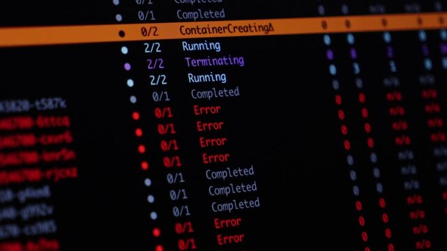 A computer monitor displays terminal console output showing server container status and orchestration errors during software development and cloud infrastructure deployment. Zoom