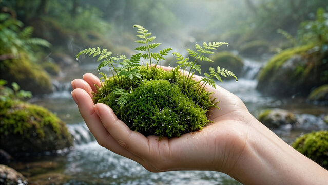 A person&rsquo;s hands gently hold a patch of green moss and small fern sprouts with water drops over a beautiful flowing forest stream background.