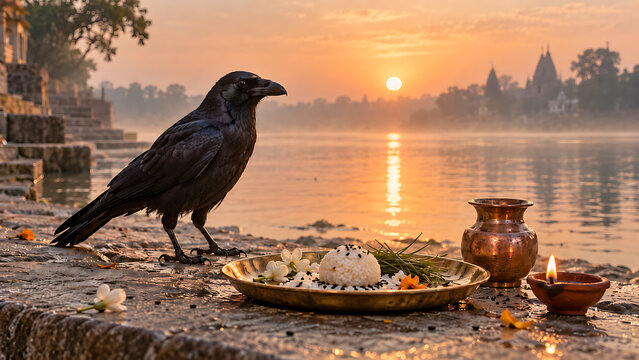 Crow standing beside rice offerings flowers lamp and copper vessel at sacred riverside during pitru paksha remembrance and durga puja spiritual observance