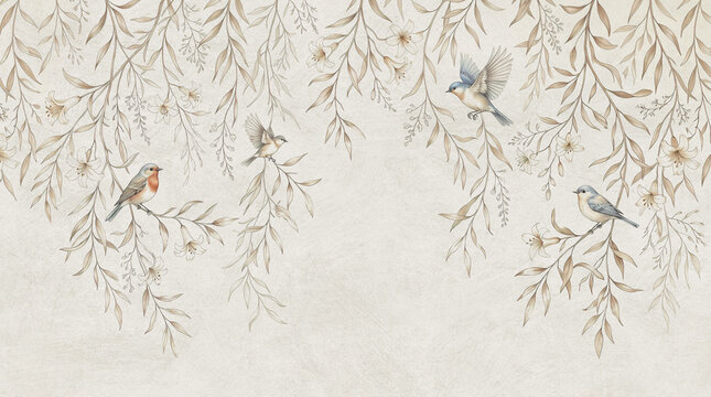 Vintage botanical wallpaper with birds and willow branches, elegant floral mural background, hand-drawn nature illustration on beige textured paper