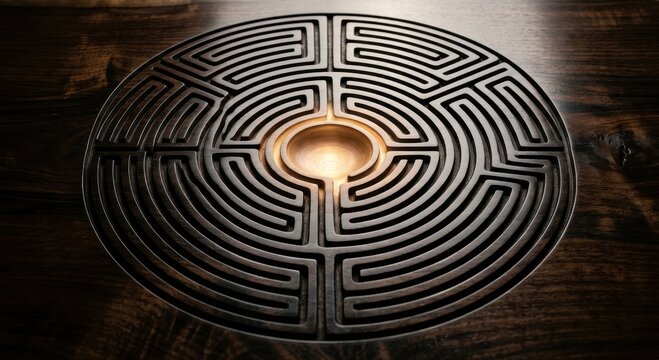 Intricate circular labyrinth etched in dark material with glowing center, symbolizing a complex challenge