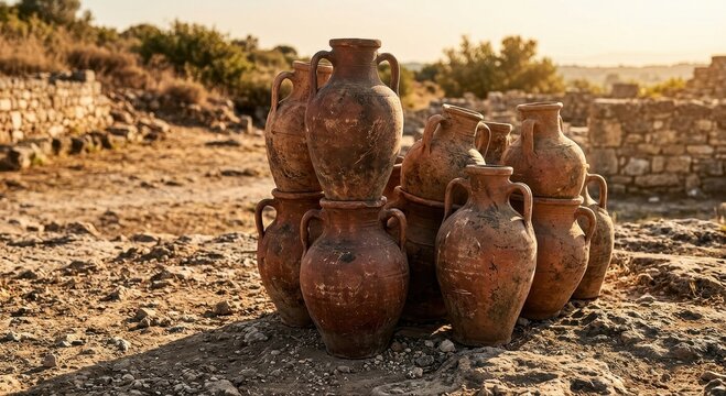 Stacked ancient clay amphorae with textured surfaces displayed outdoors in sunlight