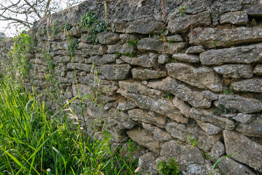 Rustic Dry Stone Wall With Wild Grass in Countryside