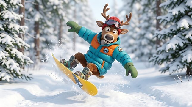 Cartoon reindeer snowboarding in a snowy winter pine forest