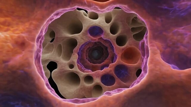 3D exploratory journey video of through the inner structure of bones. Begining from the surface and dive deep into the microscopic world of bone cells, marrow, and cavities