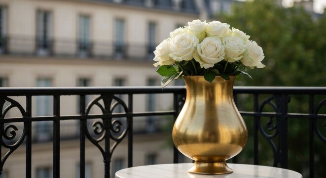 Golden vase of white roses on Parisian balcony overlooking city buildings