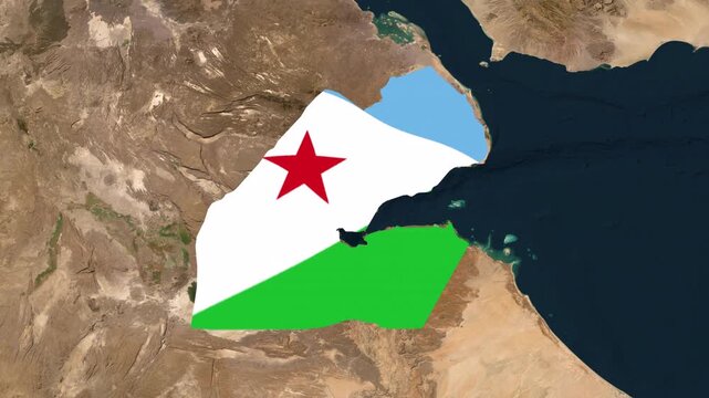 Satellite map animation of Djibouti with moving clouds, growing ink-shape waving flag of the country, white outline indicating the border. Highlighted territory.