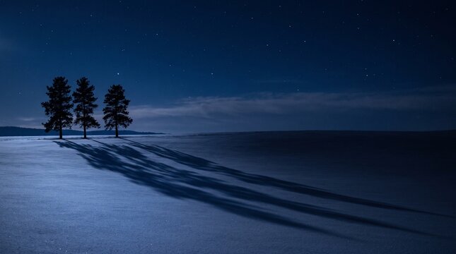 Serene winter landscape at night with snow-covered ground and three pine trees casting long shadows under a starry sky