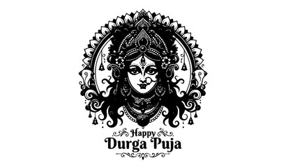 Fototapeta premium Happy Durga Puja Goddess Durga Face Vector Illustration, Traditional Hindu Festival Design