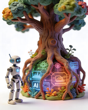 Cute 3D clay robot near ancient tree roots sheltering a glowing AI data core. AI governance, technology foundation, data security, ecosystem, and sustainable future concept.