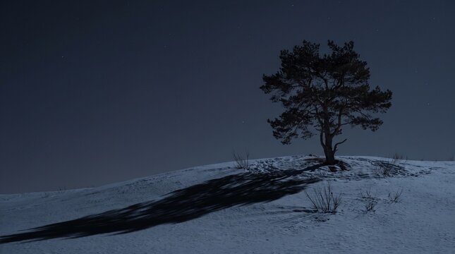 Lone pine tree casting a long shadow on a snowy hill under a dark night sky