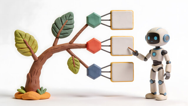 Cute 3D clay robot presenting a botanical decision tree flowchart. Explainable AI, data logic, algorithm transparency, technology solution, and smart decision-making concept.