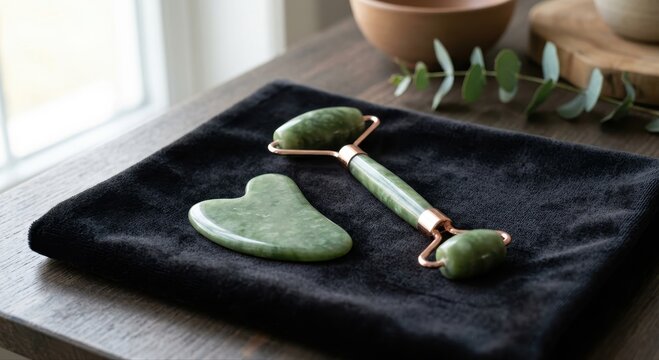 Polished Green Jade Facial Roller and Gua Sha Stone Set for Skincare Massage and Beauty Treatments