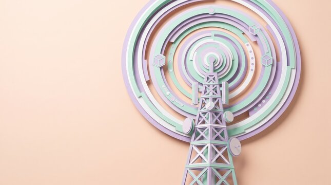 Abstract representation of a radio tower with colorful waves on a pastel background