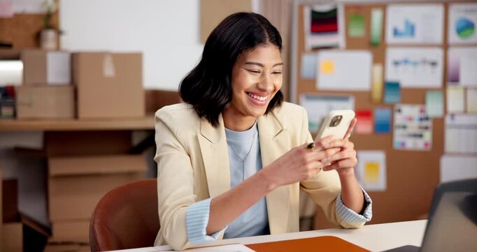 Ecommerce, woman and laugh in office with phone, website insights and funny trends for online shop. Happy, person and typing in small business with tech, app data or social media meme for sales joke.