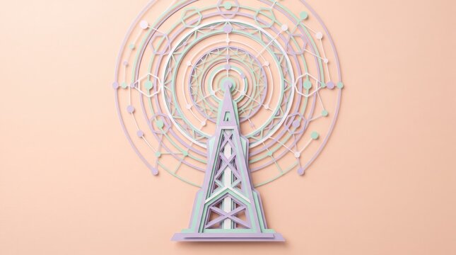 Abstract illustration of a retro radio tower with colorful wave patterns on pastel background