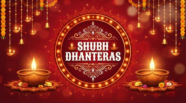 Shubh Dhanteras Greeting Banner with Glowing Diyas, Golden Hanging Lamps and Festive Red Background