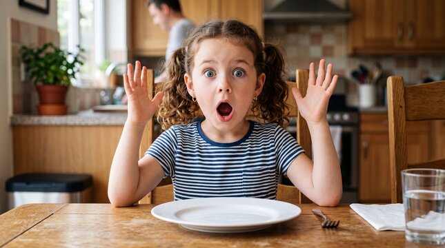 Shocked funny girl sitting at a kitchen table with an empty plate