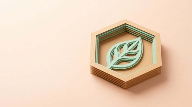 Green Leaf Emblem in Hexagonal Frame on Soft Beige Background for Eco-Friendly Concept