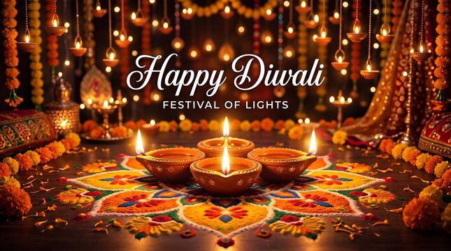 Happy diwali festival of lights greeting with traditional clay diyas on a colorful rangoli pattern and hanging lanterns