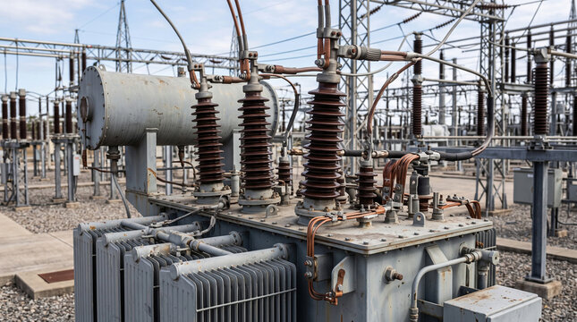 A close-up view of the components of a high-voltage power transformer installed at an electrical substation; a concept of energy distribution and industrial power grid infrastructure.