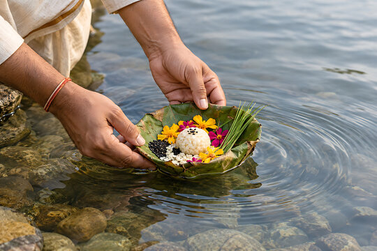 Hands placing rice flowers and sacred grass offering into holy river for pitru paksha remembrance and durga puja traditional hindu worship ceremony