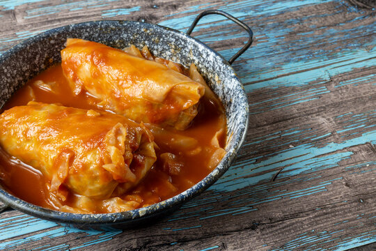Traditional Hungarian stuffed cabbage in rustic enamel dish