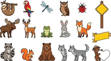 Fototapeta premium Cute Woodland and Wild Animal Vector Element Set featuring Bear, Fox, Wolf, Owl, Deer, and Sloth for Kids Education, Stickers, and Nature Designs