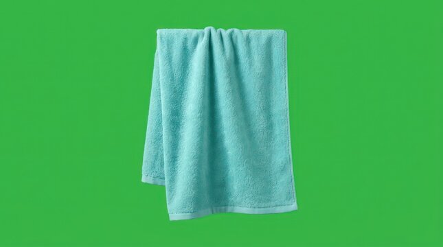 Light blue soft cotton towel hanging against green background