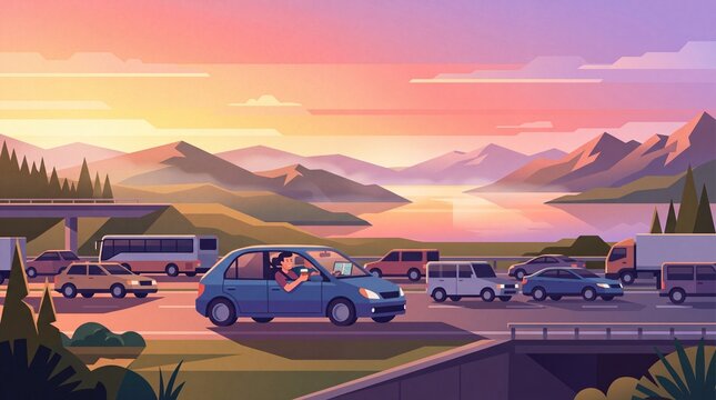 Flat Vector Illustration of Morning Traffic with Driver and Reusable Cup at Sunrise
