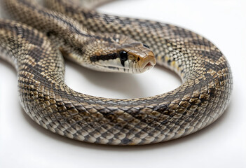Obraz premium Wildlife and nature conservation, gopher snake coiled on a white background for biology education and herpetology research with detailed skin texture