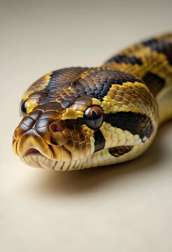 Wildlife conservation and biodiversity, close up portrait of a ball python snake with detailed scales and golden patterns on a neutral studio background