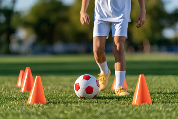Obraz premium Young soccer player practicing dribbling skills with cones on a green field during training on a sunny day. Youth sports development and outdoor activity concept.