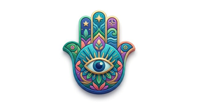 Colorful hamsa hand icon with evil eye and floral patterns