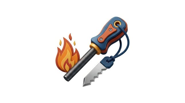 Survival ferrocerium fire starter tool with stylized flame 3d icon